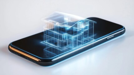 A smartphone lying flat with holographic projections of a smart house emerging from the screen, set against a simple white background.