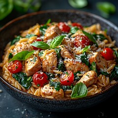 Grilled chicken orzo pasta with tomato spinach parmesan creamy flavor bowl photo
