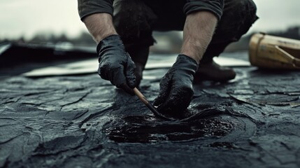 Roofing worker applying tar to a roof at a construction site. Featuring roofing work and weatherproofing
