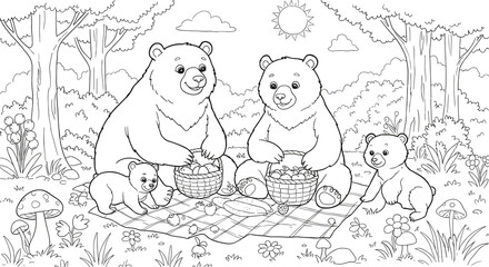 Cute Bears Enjoying Picnic Together in a Woodland Setting  