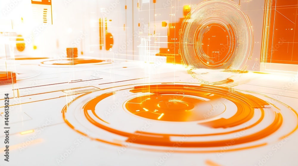 Leinwandbilder dynamic abstract visualization of technology featuring circular designs and bright orange highlights