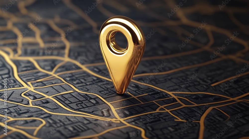 Poster Shining golden pin marker placed on a detailed modern map showcasing streets and routes : Generative AI