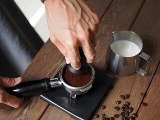 Hands tamping coffee grounds into portafilter