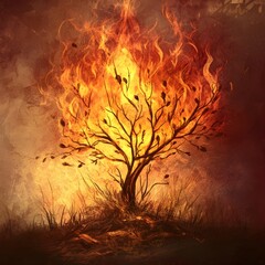 Burned but Not Consumed: Burning Bush. Digital illustration. --style raw