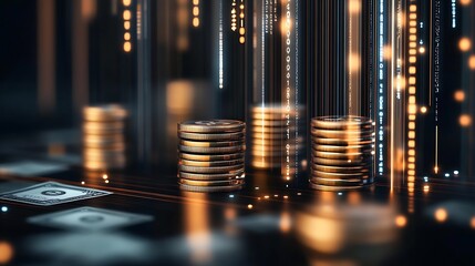 Cryptocurrency Stack with Digital Interface Showcasing Financial Data Bytes : Generative AI