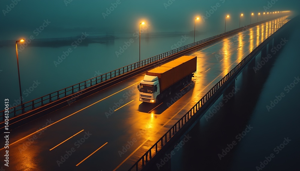 Aufkleber Impressive shot of a container truck on a narrow bridge with a misty background creating a dramatic atmosphere : Generative AI