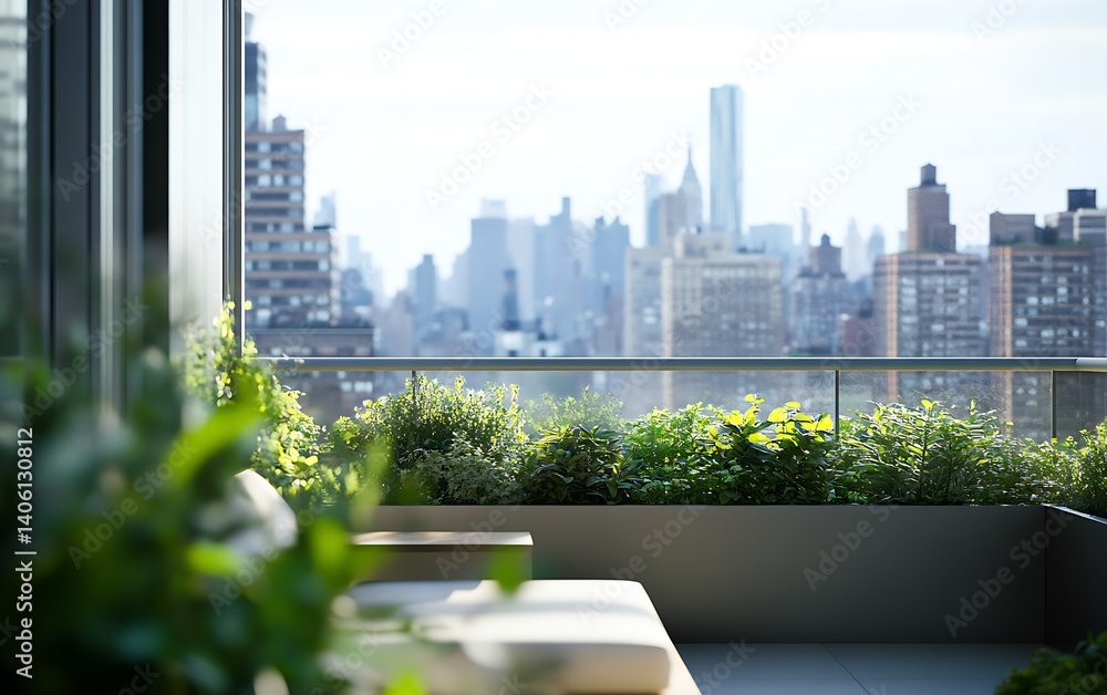 Poster beautiful balcony view filled with greenery and a stunning skyline view of the city in daylight : ge