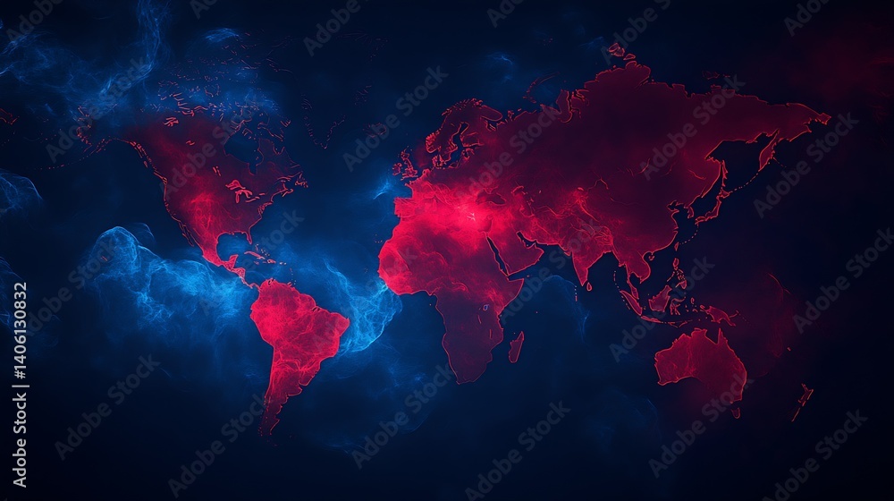 Poster vibrant abstract world map in red and blue hues with swirling effects for digital art projects : gen