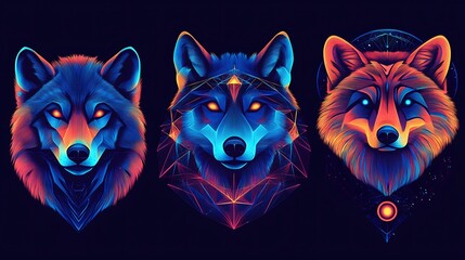 Psychedelic neon wolf illustration in vibrant glowing colors, spiritual geometric symbols, and symmetrical trippy art design for visionary visuals

