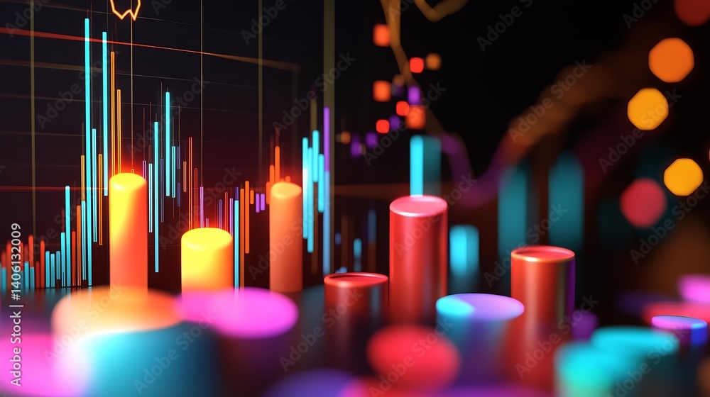 Poster Vibrant digital data visualization with colorful bars illustrating statistical information and market insights : Generative AI