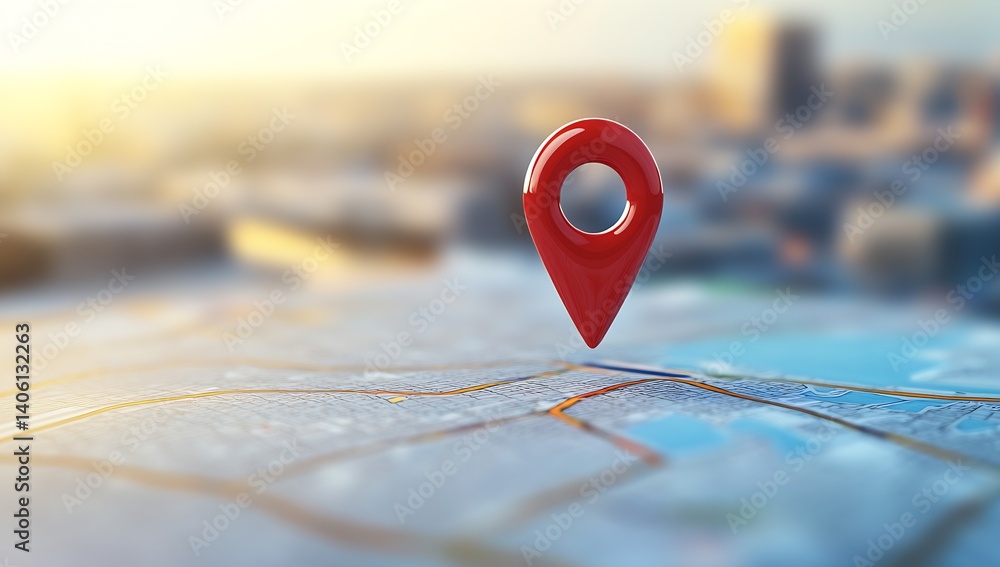 Aufkleber bright red location pin hovering over a detailed city map with evening sunlight illuminating the sce