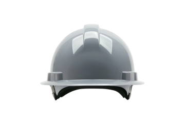 A gray safety helmet with smooth surfaces and a sturdy design against a transparent background