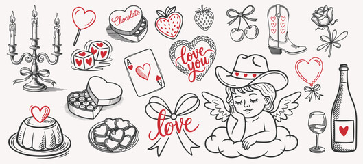 Cute vector sketch elements decorated with coquette bows, ribbons and doves. Flowers, love, hearts, champagne and martini. Elegant vintage angel with bow. Hand drawn line art vector illustrations for 