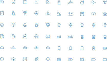 Technology Minimal Line Icons – Essential Vector Icon Pack. Includes Icons For: Energy & Power, Industry & Tools, Cloud & Data, Transport, Illumination, Science & Elements