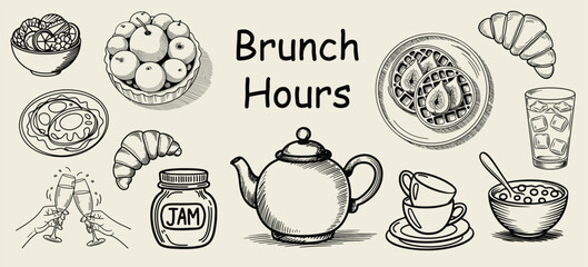 Vintage hand-drawn breakfast and brunch food collection in doodle sketch style. Engraved ink line vector illustrations featuring classic morning dishes. 