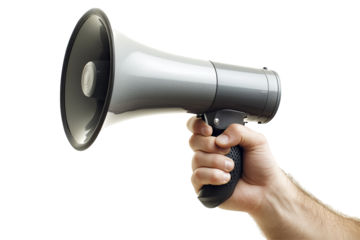 Hand holding a grey megaphone against a transparent background, symbolizing communication and announcements, highlighting clarity and attention