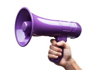 A hand firmly grips a bright purple megaphone on a transparent background, emphasizing the device's form and its use in communication