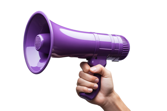 A hand firmly grips a bright purple megaphone on a transparent background, emphasizing the device's form and its use in communication