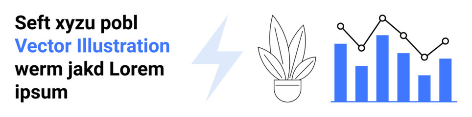 Lightning bolt, potted plant, blue bar chart with line graph for data trends. Ideal for analytics, innovation, eco-focus, energy, sustainability, minimalism flat landing page banner