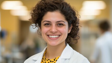 Smiling healthcare professional in a laboratory setting during daylight hours engaged in a moment of connection and teamwork while wearing a white coat