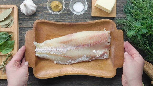 A wooden plate with fresh cod fillet is placed on a table surrounded by ingredients: garlic, mustard, salt, bay leaf, dill, thyme, rosemary, and butter. 
