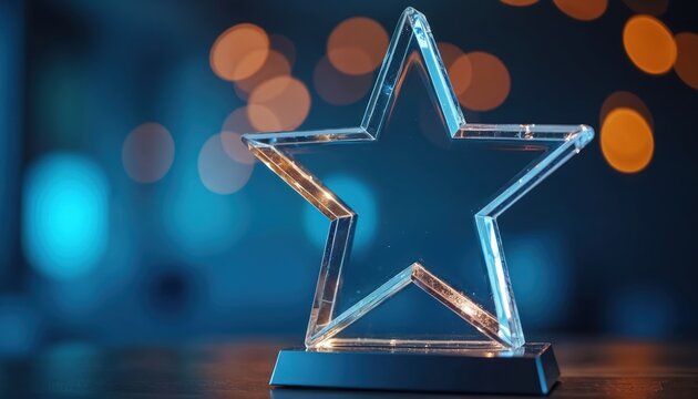 Glass star award stands on dark surface. Symbol of achievement, recognition. Bokeh background. Business success concept. Best employee of month winner. Success story. Motivation.