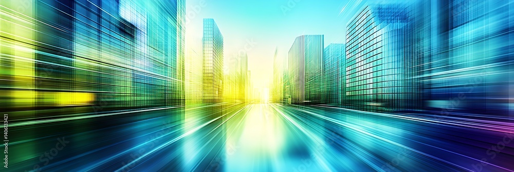 Poster Dynamic and colorful view of a bustling cityscape with sweeping blurred buildings and vivid reflections : Generative AI