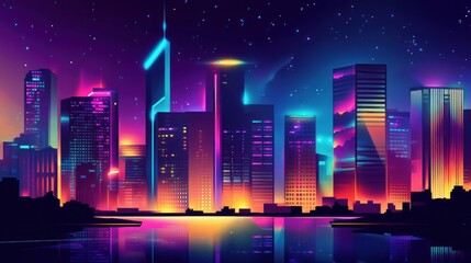 A vibrant cityscape at night with glowing buildings and streets, neon lights shining bright.