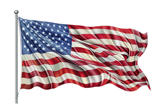 Waving flag of the United States. Red and white stripes, fifty stars. Symbol of freedom, patriotism, and national identity