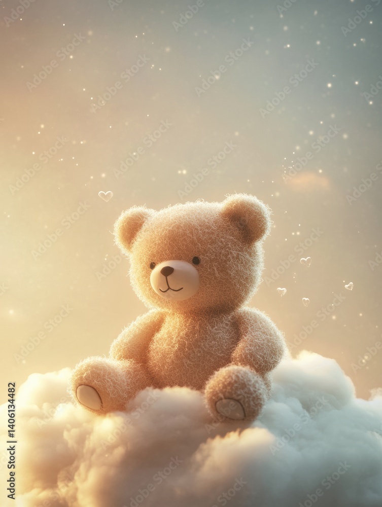 Poster teddy bear sits on a small cloud in a pastel evening sky creating a dreamy and serene atmosphere fil