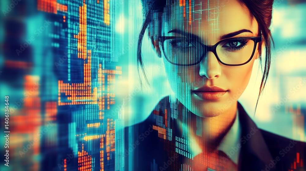 Poster professional woman in glasses with high tech graphic background showing data analysis and finance ma