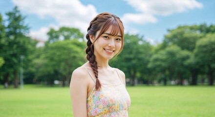Smiling Young Woman in Summer Dress Enjoying a Sunny Day in the Park