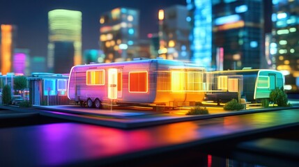 A vibrant holographic model of a trailer park, glowing in a futuristic cityscape.