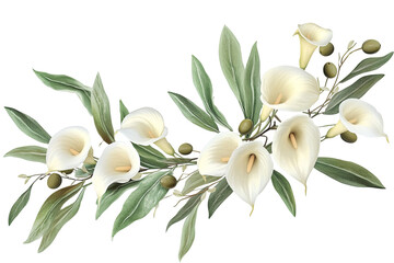 A beautiful arrangement of white calla lilies and delicate green foliage, elegant and serene floral bouquet