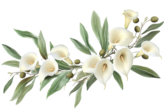 A beautiful arrangement of white calla lilies and delicate green foliage, elegant and serene floral bouquet