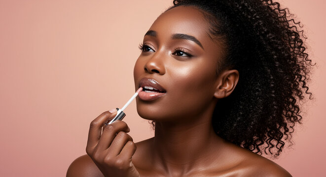 Beautiful African American woman applying lip gloss for makeup and beauty routine with shiny skin and curly hair against a peach background - Powered by Adobe