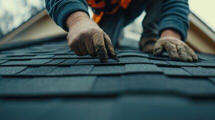 Roofing worker installing new shingles on a house. Featuring expertise and attention to detail