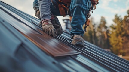 Roofing worker installing roof flashing around chimneys. Featuring expertise and roof maintenance