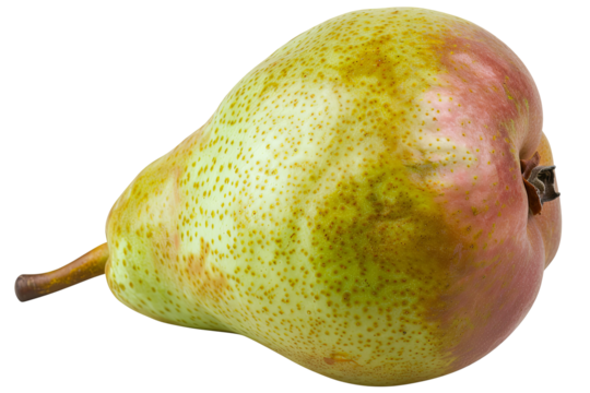 A ripe pear with red blush, gold highlights, and specks transparent background, showcasing texture and depth