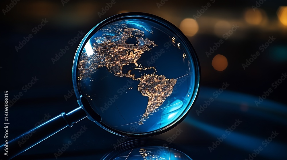 Poster Magnifying glass displaying bright illuminated map of the Americas at nighttime : Generative AI
