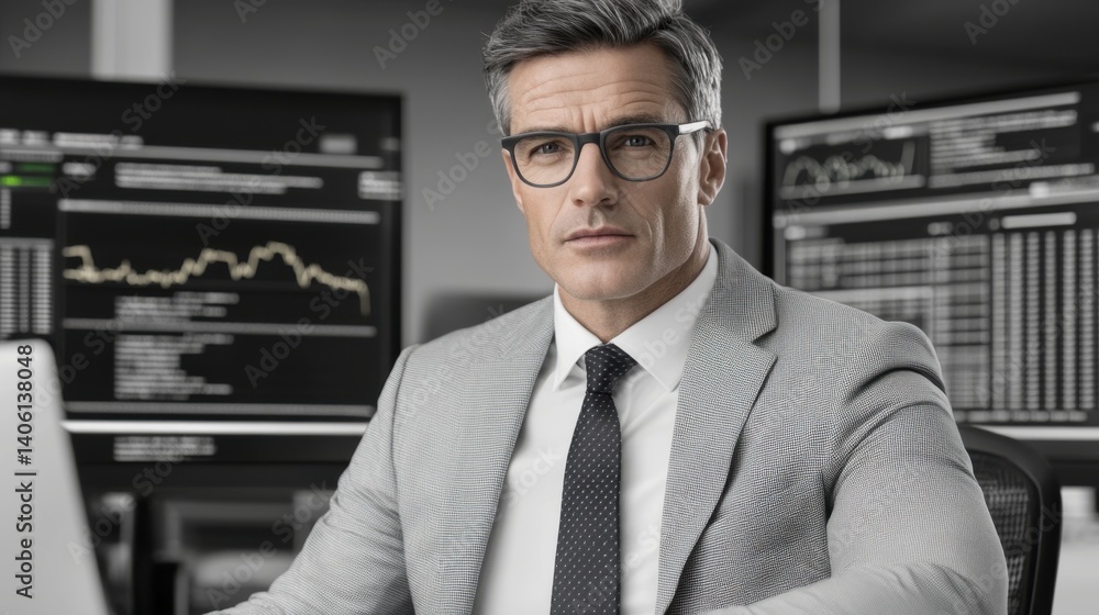 Poster professional businessman analyzing data in modern office with graphs and technology surrounding him