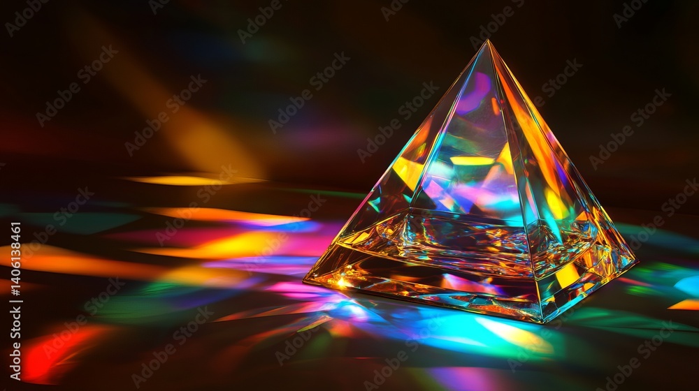 Poster a crystal pyramid refracting light creating a spectrum of colors on a dark reflective surface