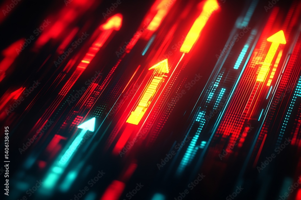 Poster Bright and complex abstract pattern with arrows and glowing lines in red and blue creating a sense of direction : Generative AI