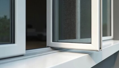 Modern aluminum frame sliding windows balcony. New windows with mosquito net, transparent glass. Closed, open views. Home interior, apartment details. Exterior, facade, construction industry, design.
