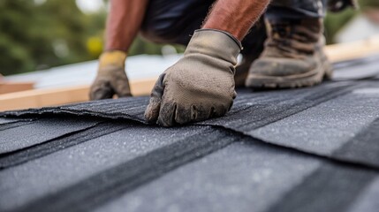 Roofing worker installing underlayment on a roof. Featuring technical expertise and safety