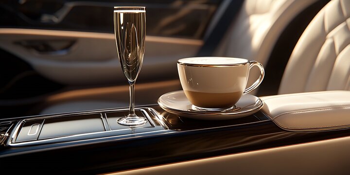 Elegant Coffee and Champagne Arrangement in a High-End Vehicle for Relaxed Journey : Generative AI