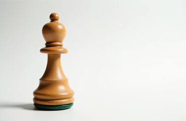 Close-up of wooden chess bishop piece. White background. Clear lines, empty space for design integration. Business, strategy, competition, success, decision making concept. Minimalist style.
