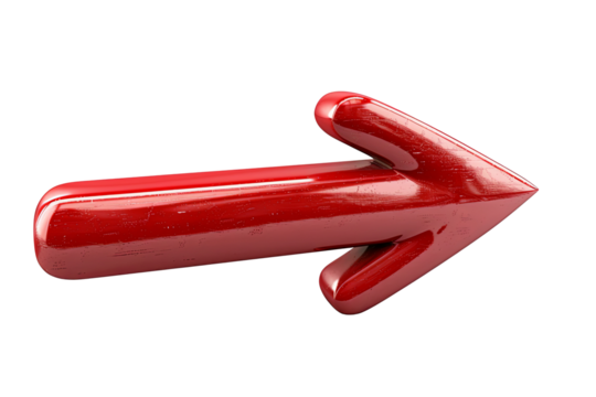 Sleek red arrow pointing right, glossy finish transparent background. Simple design for navigation or direction symbol