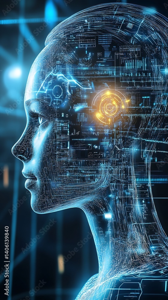 Poster Innovative digital representation of AI with intricate lines and glowing circuitry showcasing intelligence and design : Generative AI