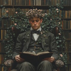 Fototapeta premium <Charismatic Man in Elegant Attire Reading a Book Amidst Blooming Flowers and Lush Greenery in a Traditional Library Setting>